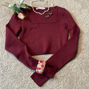 Zara Wine Square Neck Cropped Sweater